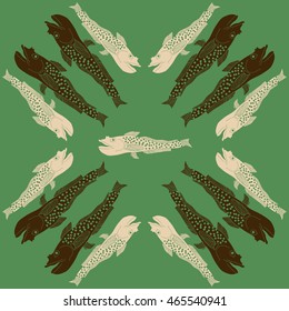 Sea    pattern,   hole, spots, fishes, doodles . Hand drawn.