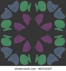 Sea pattern,  hole,  spots,shells, doodles, copy space . Hand drawn.