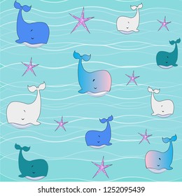 sea ​​fish pattern sea sea inhabitants simple pattern sea theme water. Whales are starfishes. Drawing for children's clothes. Cute animals. Vector