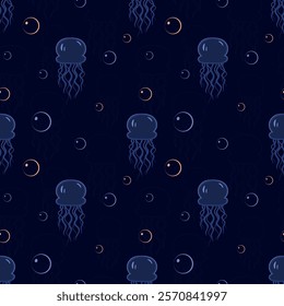 Sea pattern with jellyfish in dark colors