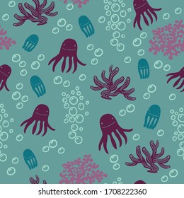 Sea Pattern with Jellyfish, Shells and Corrals for Fashion Textile, Wrapping and other Decor