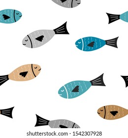 Sea pattern for kids in cartoon style. Baby seamless texture. Funny fish  objects. Vector.