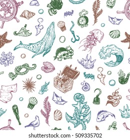 Sea pattern. Marine pattern. Nautical elements. Anchor, whale, helm, fishes, pirate elements, shells. Underwater world.