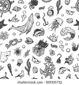 Sea pattern. Marine pattern. Nautical elements. Anchor, whale, helm, fishes, pirate elements, shells. Underwater world.