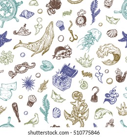 Sea pattern. Marine pattern. Nautical elements. Anchor, whale, helm, fishes, pirate elements, shells. Underwater world.