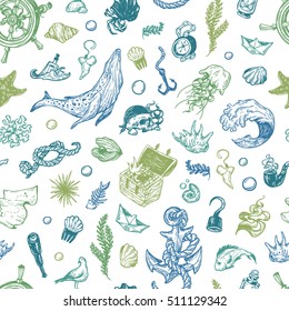 Sea pattern. Marine pattern. Nautical elements. Anchor, whale, helm, fishes, pirate elements, shells. Underwater world.