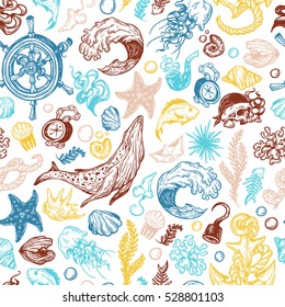 Sea pattern. Marine pattern. Nautical elements. Anchor, whale, helm, fishes, pirate elements, shells. Underwater world.