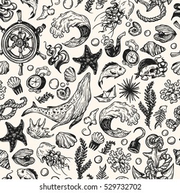 Sea pattern. Marine pattern. Nautical elements. Anchor, whale, helm, fishes, pirate elements, shells. Underwater world.