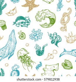 Sea pattern. Marine pattern. Nautical elements. Whale, fishes, pirate elements, shells, rope. Underwater world.