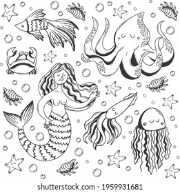 Sea pattern, mermaid illustration, underwater creatures
