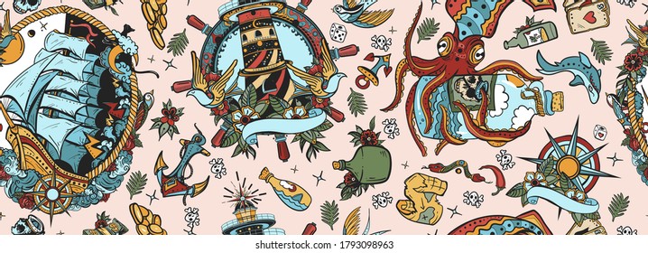 Sea Pattern. Octopus Kraken And Pirate Ship. Lighthouse, Compass And Anchor. Seamless Background. Marine Background. Funny Underwater Monster 