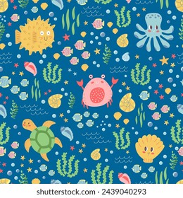 Sea pattern on a blue background. Sea life elements seamles pattern for prints and textiles, fabric and designe for children