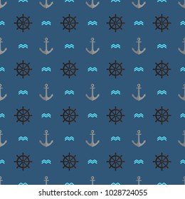 Sea pattern on a bright background with elements: anchor, sea, helm.