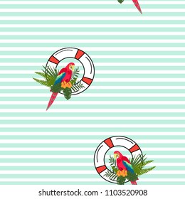 Sea pattern with parrot, life buoy and tropical leaves. Lifebuoy and a parrot. Summer tropical background with a parrot.