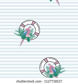 Sea pattern with parrot, life buoy and tropical leaves. Lifebuoy and a parrot. Summer tropical background with a parrot.