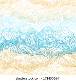 Sea pattern seamless background. Abstract line art in Japanese style, summer theme, blue ocean wave and yellow sand, vector illustration. Repeat texture, wallpaper design element