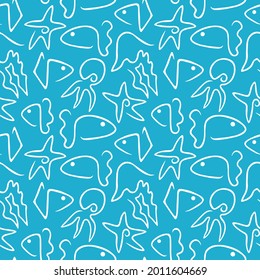Sea pattern seamless line fish octopus jellyfish starfish on blue background