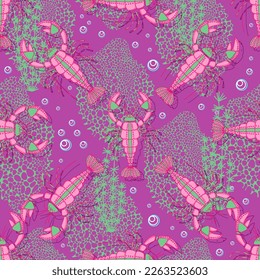 sea ​​crawfish pattern. seamless pattern in nautical style. Underwater creatures, starfish, cancer, corals, fish. nautical, nautical endless wallpaper, background. Hand drawn style.
