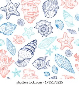 Seashells Seamless Pattern Hand Drawn Doodle Stock Vector (Royalty Free ...