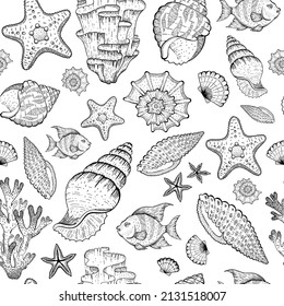 Sea pattern with seashell, coral reef, starfish, algae. Vector seamless ocean illustration. Beach background in marine vintage style. Summer sketch graphic drawing with underwater tropical elements