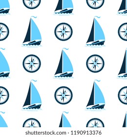 A sea pattern with a ship and a compass. Seamless background in a marine style.