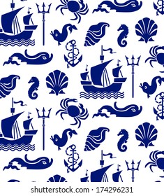 sea pattern - ship, shells, dolphins, anchor with rope,little horse and crab on white background -seamless