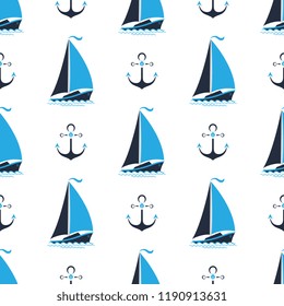 Sea pattern with ships and anchors. Seamless background in a marine style.