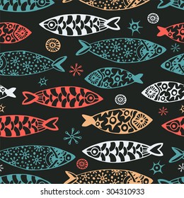 Sea pattern with small fish.  doodle style.