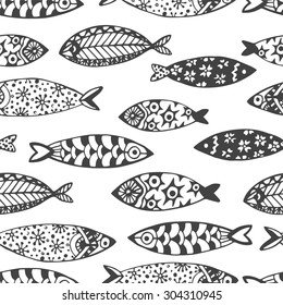 Sea pattern with small fish. Kids doodle style.