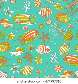 Sea pattern with small fish. Kids doodle style.