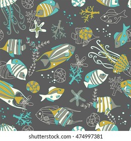 Sea pattern with small fish. Kids doodle style.