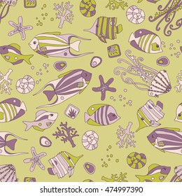 Sea pattern with small fish. Kids doodle style.