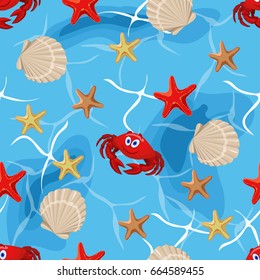 Sea pattern with sea star and crab. vector