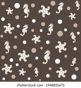 Sea pattern with starfishes, seahorses and bubbles in brown color