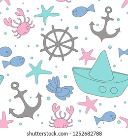Sea pattern with a transparent background. Sea stars, steering wheel, 
toy ship, crabs, fish, bubbles. 
