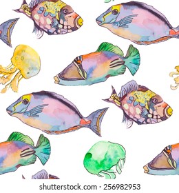 Sea pattern. Tropical fish. jellyfish. Ocean vector.