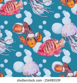 Sea pattern. Tropical fish. Medusa. Ocean vector.