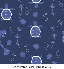 Sea pattern with a turtle. Flat vector background