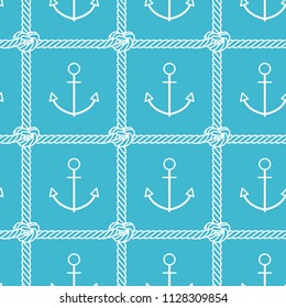 Sea pattern. Vector seamless pattern with outline anchor and rope on blue background