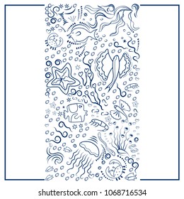  Sea pattern, vertical, with deep-sea fish, seaweed. Monochrome, frame for banners, advertising of marine products, aquariums. Black silhouettes on white background. Place under the text. Vector 
