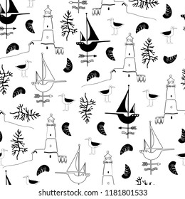 Sea pattern with weathercock-boat, gull, lighthouse, seashells and seaweed.