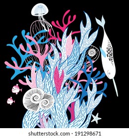 sea pattern with whale and jellyfish on a black background  