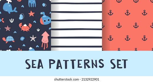 Sea patterns collection for baby fabric. Marine prints set for kids apparel. Cute seamless vector patterns bundle.