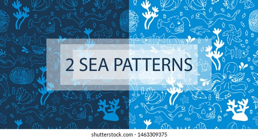Sea patterns set with hand drawn marine creature: starfish, actinia, octopus, angler fish. Cute patterns in blue and white tones. Lovely compositions on blue backgrounds. Design for kids print
