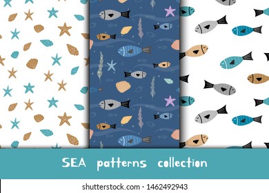 Sea patterns set for kids in cartoon style. Baby seamless texture. Fish and shell objects. Vector.