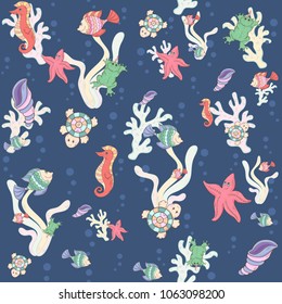 Sea pattern.Seamless abstract marine life.Seamless pattern with sea inhabitants on the background color blots,inks. Vector illustration.