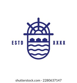 Logo del muelle marino con timón