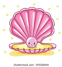Sea Pearl in shell. Smiley sea pearl in pink shell on hearts background