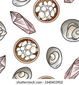 Sea pebble and quartz stones comic style vector seamless pattern. Boho cartoon drawing of stones in a pyramid cairn view and crystals from above. Cozy lagom style template background tile