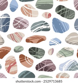 Sea pebble seamless pattern. Smooth water rolled stones, rounded shape, different textures, minimalist design. Decor textile, wrapping paper, wallpaper. Print for fabric tidy vector background